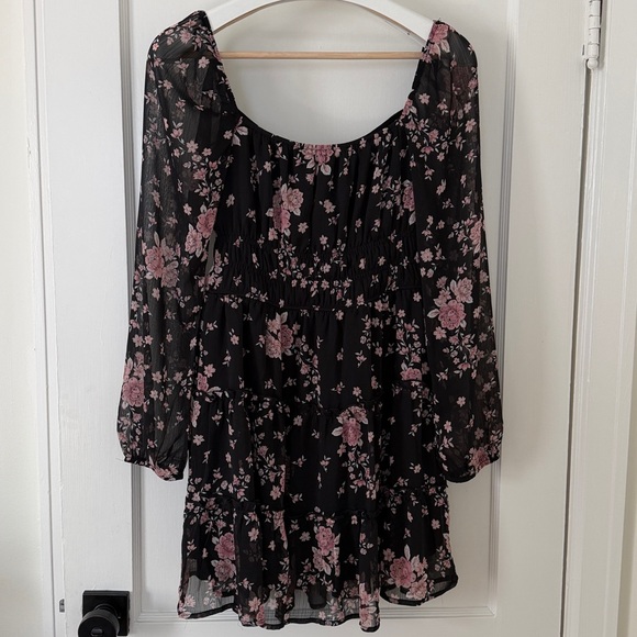 Trixxi Dresses & Skirts - Black & Pink Floral Sheer Sleeve Mini Dress Sz S Fairy Y2K Boho Feminine Flowy
